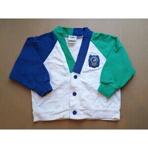 Vintage OshKosh USA Boy's Long Sleeve Cardigan White Green Blue Button Up 3T